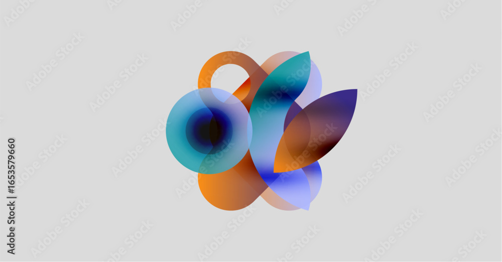 Poster abstract shapes overlap, creating vibrant color blends. soft gradients suggest depth, form dynamic c