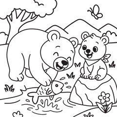 Fototapeta premium Papa bear and cub fishing coloring page