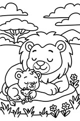 Papa lion and sleeping cub coloring page