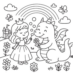 Princess and friendly dragon coloring page