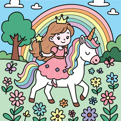 Princess on unicorn with rainbow