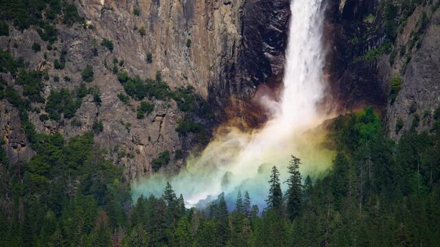 Close up of rainbow in mist base of Bridalveil Fall in Yosemite National Park.