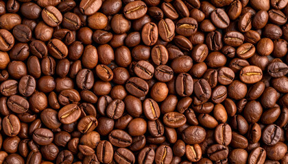 Fototapeta premium Close Up Of Roasted Brown Coffee Beans Texture Background High Angle View