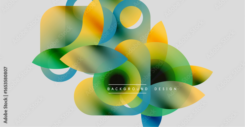 Poster abstract colorful shapes overlap, creating dynamic visual effect. gradient hues blend, forming moder