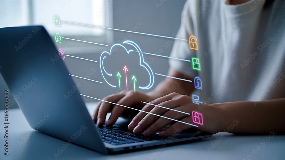 Poster person typing on laptop with cloud computing and data security icons technology internet