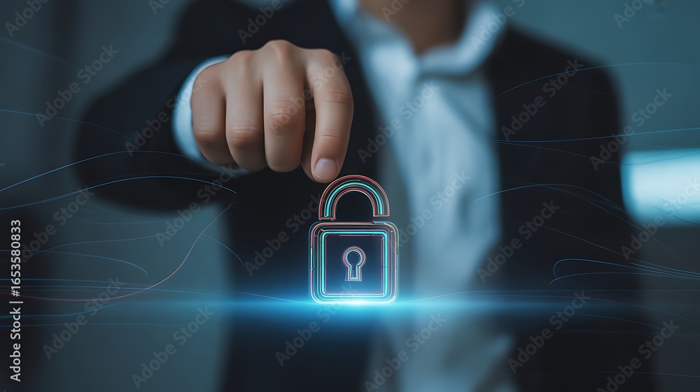 Poster person touching a glowing digital padlock symbol with data streams security