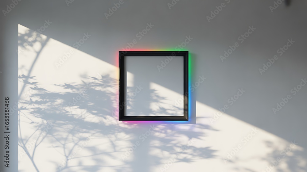 Aufkleber square frame with multicolored neon edges on a shadowed wall border colorful