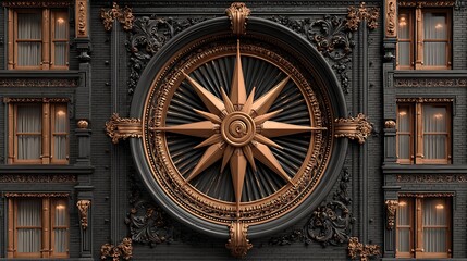 A black and gold ornate clock with a compass rose face, set against a black brick building with ornate details and windows.
