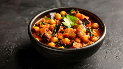 Fototapeta premium Hearty chickpea and vegetable curry in a dark bowl