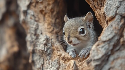 Fototapeta premium Tiny squirrel peeks from a tree hollow