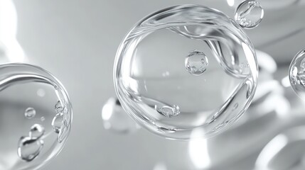Clear, translucent spheres and bubbles against a light gray background