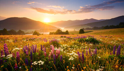 Naklejka premium Vibrant Sunset Over a Blooming Meadow with Purple Flowers and Rolling Hills