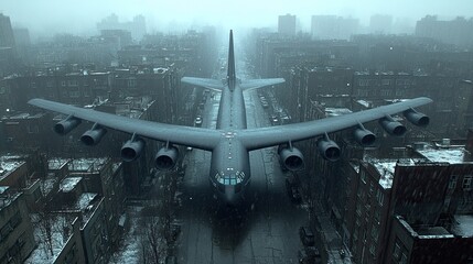 Surreal aerial view of a B-52 bomber flying low over a city street in winter weather evoking a