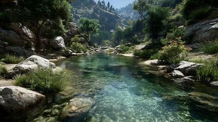 Naklejka premium A serene, natural landscape featuring a calm river flowing through a rocky, forested valley, with lush greenery and a clear blue sky.