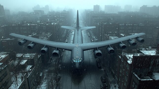Surreal aerial view of a B-52 bomber flying low over a city street in winter weather evoking a