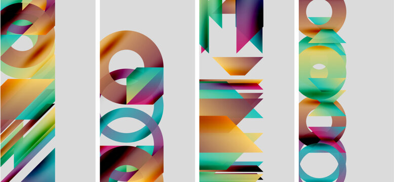 Abstract colorful panels display layered shapes, gradients. Modern design evokes dynamic movement, visual interest.