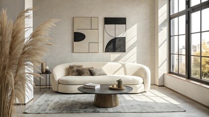 Modern living room with curved sofa and abstract art bathed in natural light