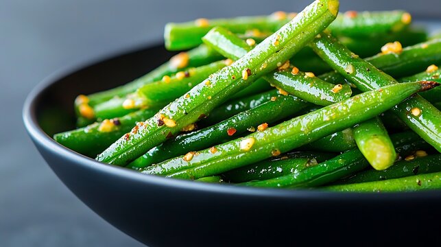 Freshly cooked green beans with seasoning in a black bowl