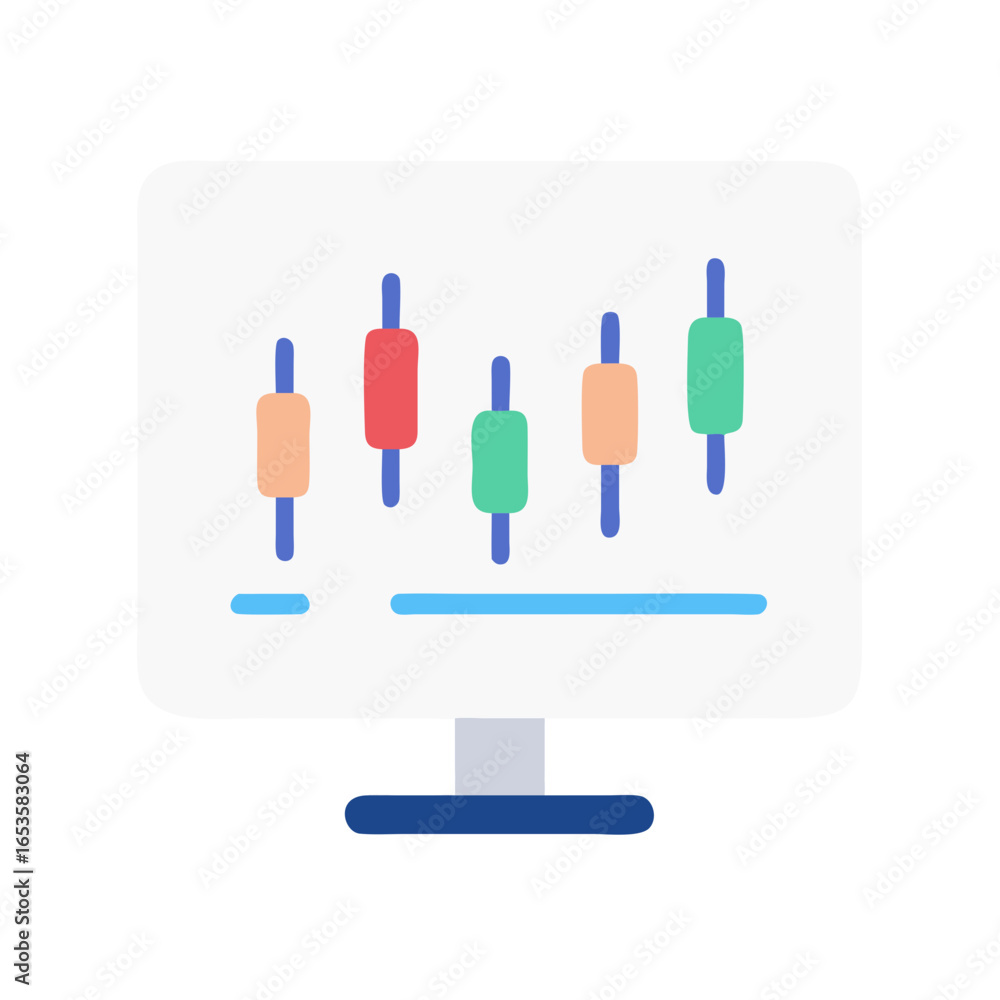 Poster vector art of a computer monitor displays a colorful candlestick chart illustrating stock market tre