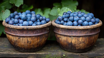 Two rustic wooden bowls filled with fresh sloe berries on a wooden surface outdoor setting