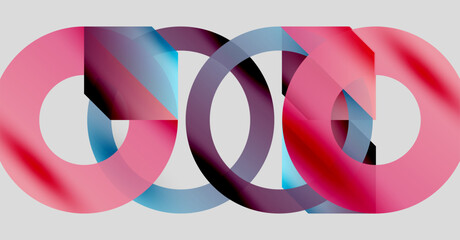 Obraz premium Interlocking rings, pinks, blues create abstract composition. Smooth gradients suggest depth, movement. Minimalist design on light gray background.