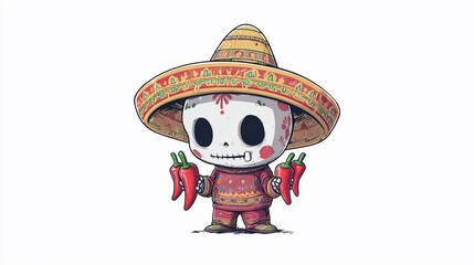 Chibi Sugar Skull Character in Sombrero Holding Chili Peppers