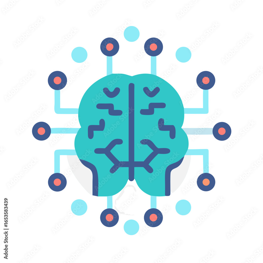 Poster vector art of a stylized turquoise brain icon with blue connecting lines and nodes, representing art