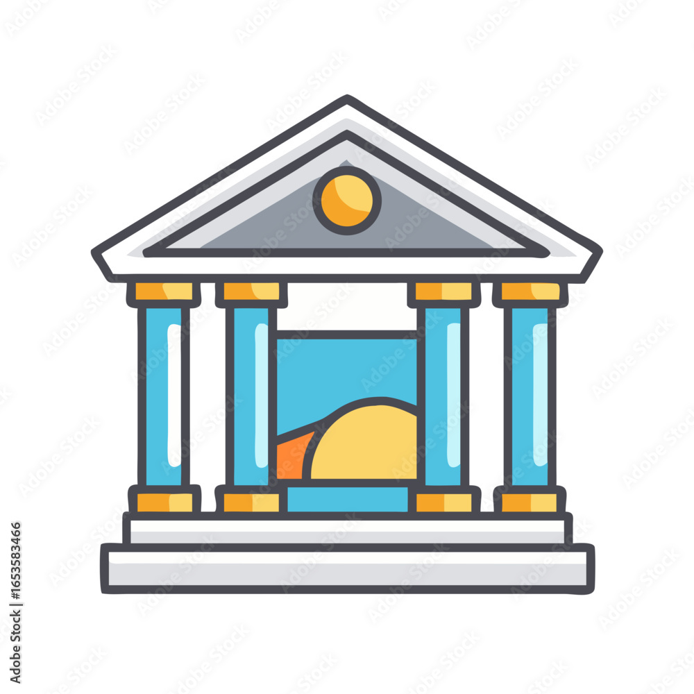 Poster vector art of a stylized illustration of a classical building with columns and a triangular pediment