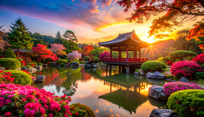 Scenic Japanese Garden at Sunset with Pagoda Lakeside Reflection and Colorful Blooms