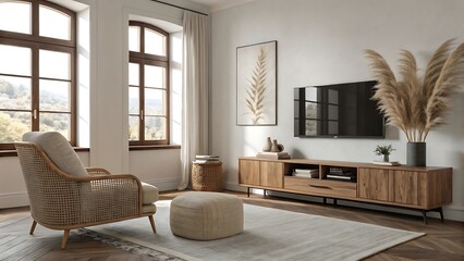 Cozy living room with natural textures and modern entertainment center