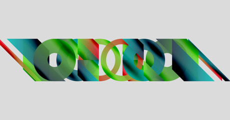 Abstract colorful design. Overlapping shapes create dynamic visual effect. Bright hues contrast against gray background. Modern composition.