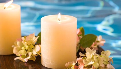 Two candles and flowers on a wooden tray over water