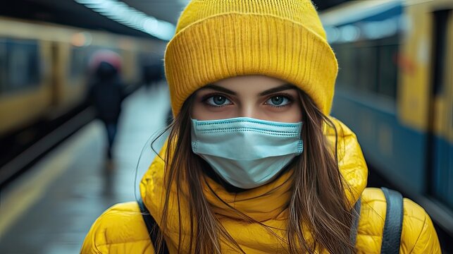 Young woman wearing a protective face mask on a subway platform amid pandemic
