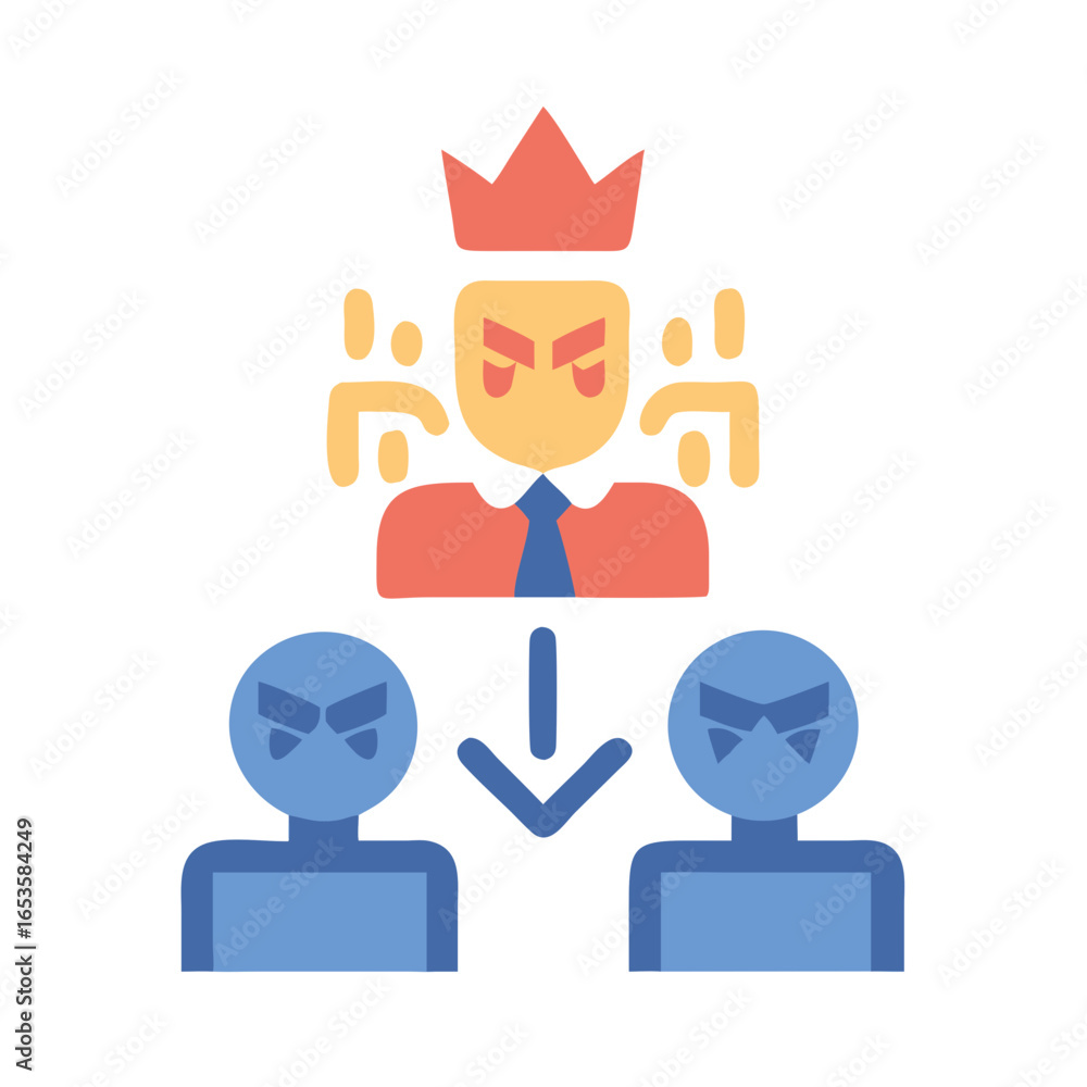 Poster vector art of a powerful leader with a crown directs two subordinates in a hierarchical business str