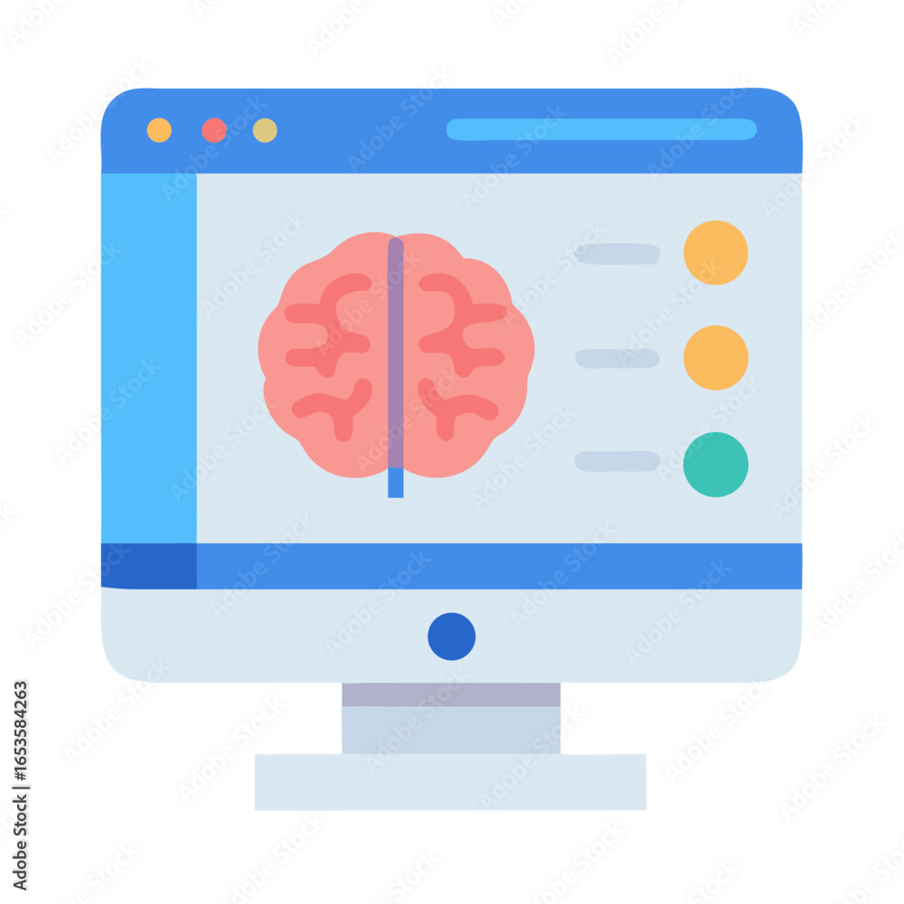 Poster vector art of a computer monitor displays a stylized graphic of a human brain, symbolizing intellige