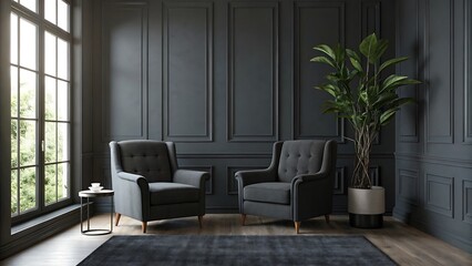 Fototapeta premium Elegant dark gray living room with two wingback chairs and large plant