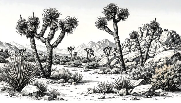 Monochromatic desert landscape with Joshua trees, rocks, and mountains in the background