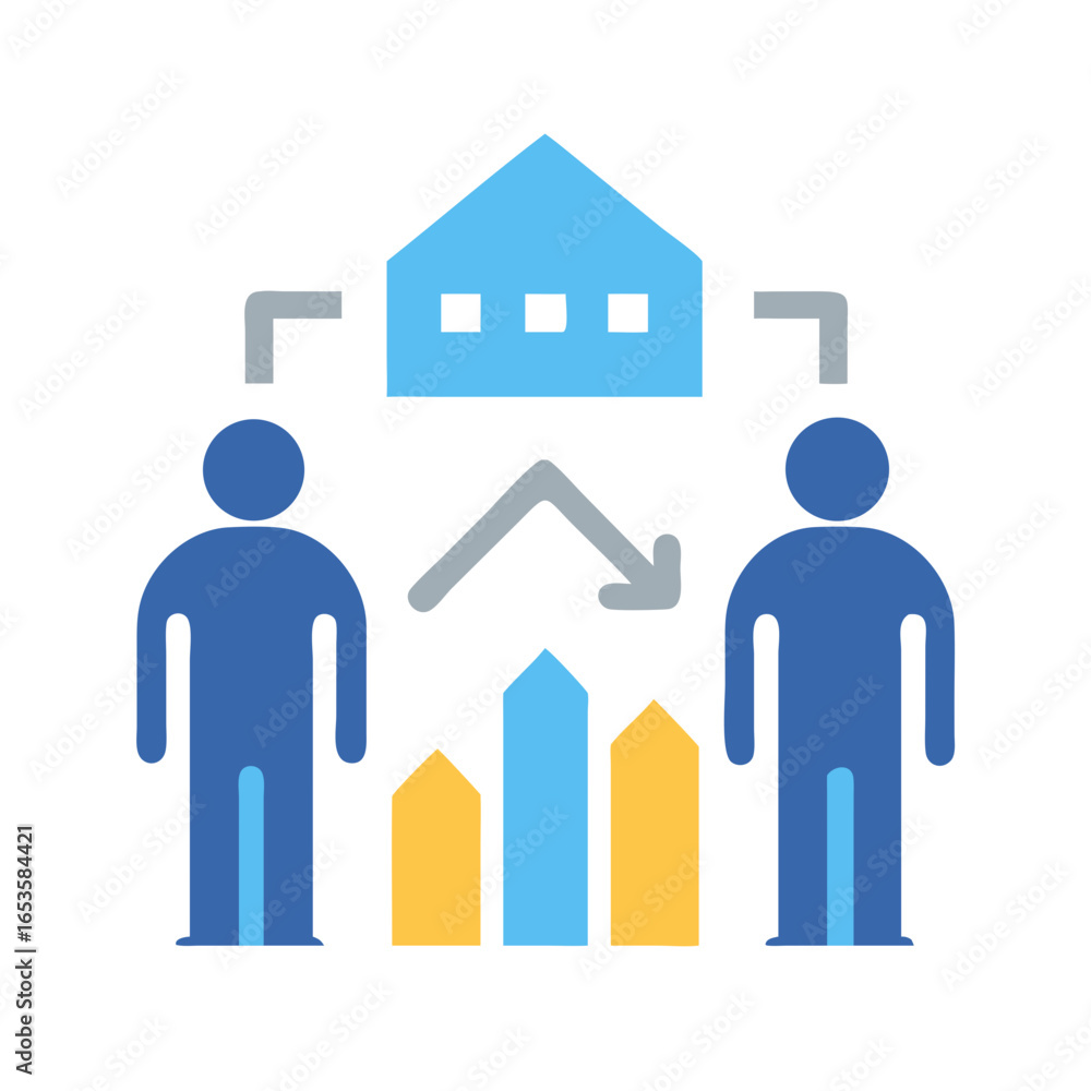 Aufkleber vector art of two people are connected to a house icon with a graph showing progress and data analys