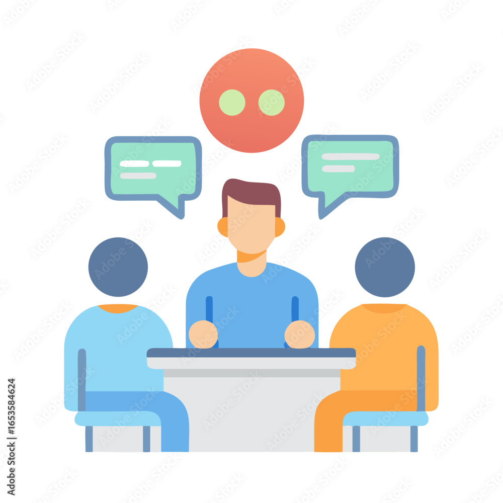 Poster vector art of three people sit around a table in a meeting, with speech bubbles indicating communica