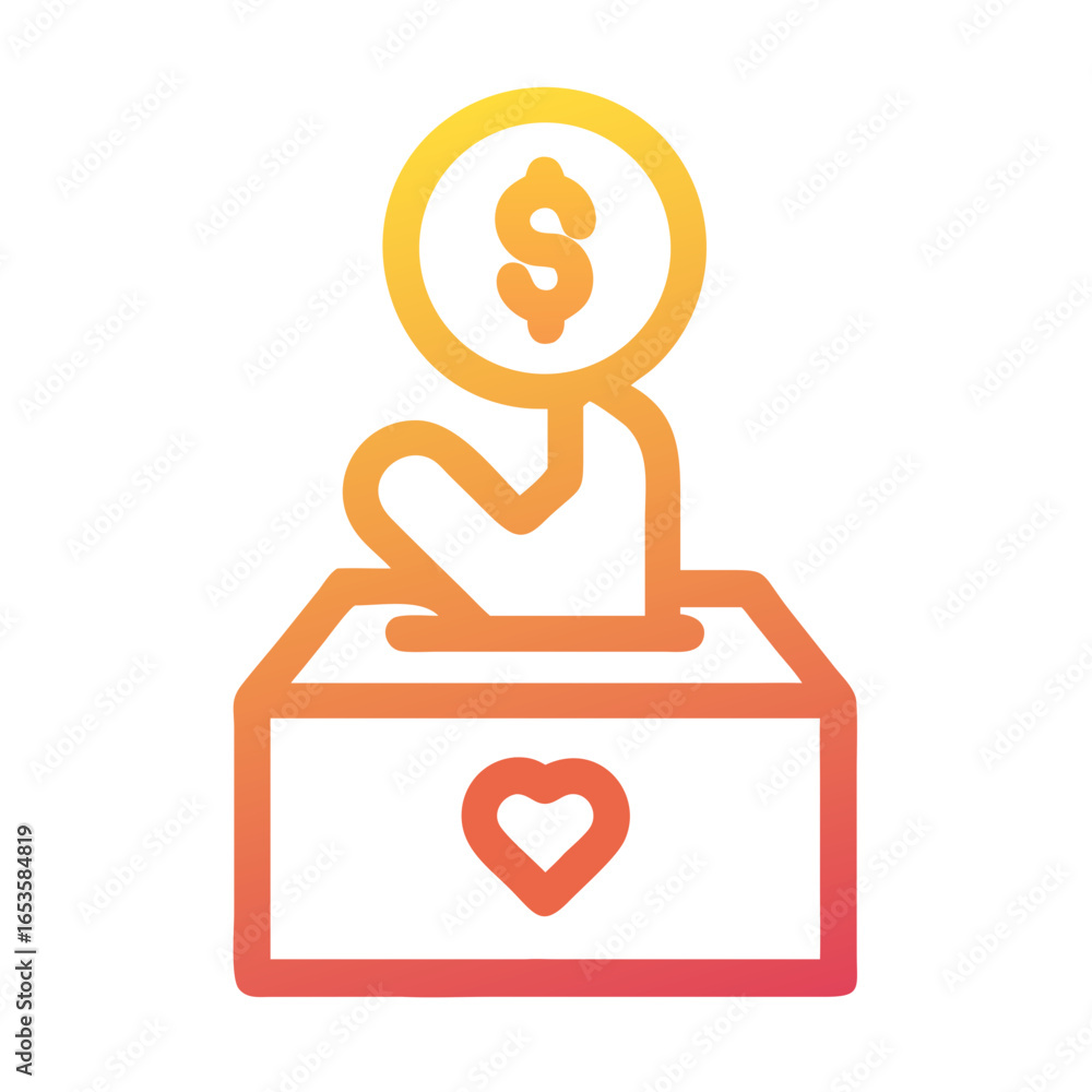 Poster vector art of a hand drops a dollar coin into a donation box with a heart symbol, symbolizing genero