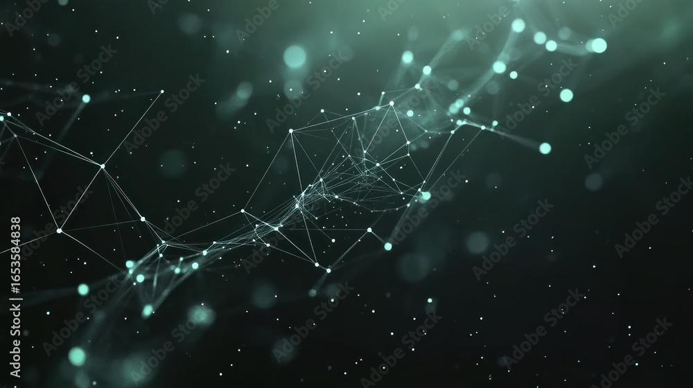 Poster abstract digital network with glowing lines and particles in dark green background