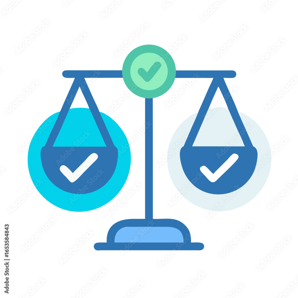 Poster vector art of a balanced scale with checkmarks on each side, symbolizing fairness and correct decisi