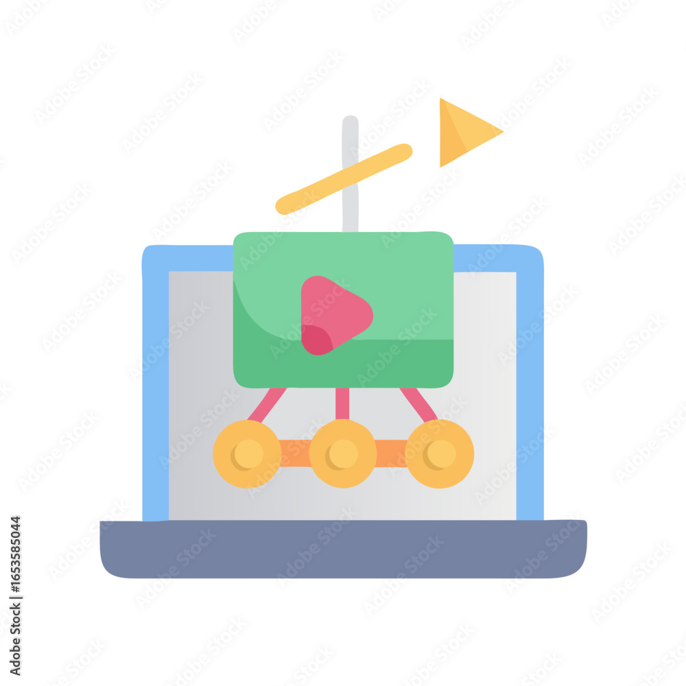 Poster vector art of a laptop screen displays a video play button connected to a network of circular nodes,