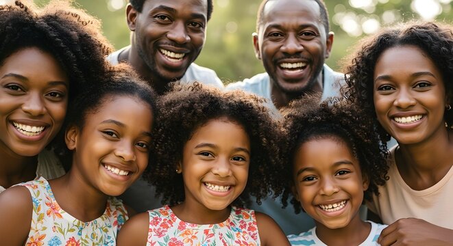 Happy multigenerational family smiling outdoors, showing unity, joy, and genuine love in a natural lifestyle moment.