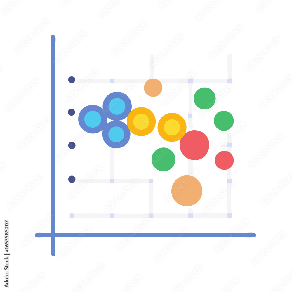 Aufkleber vector art of a colorful scatter plot with various sized circles representing data points on a grid,