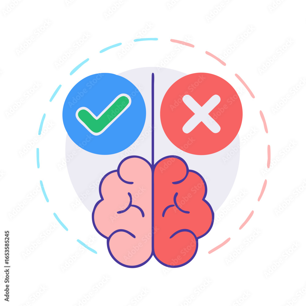 Poster vector art of a split brain illustration showing a checkmark for correct decisions and a cross for i
