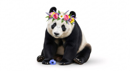Naklejka premium A panda sitting with a flower crown on its head against a plain white background in a studio shot on transparent background
