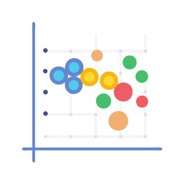 Vector art of a colorful scatter plot with various sized circles representing data points on a grid, illustrating analysis and trends