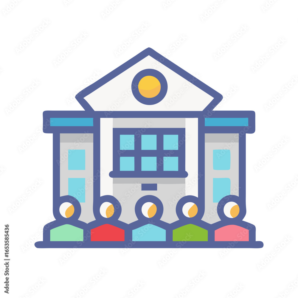 Poster vector art of a colorful illustration of a building with a group of diverse people standing in front
