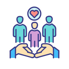 Vector art of hands gently cradle a diverse group of people, symbolizing care, support, and community connection with a heart icon above